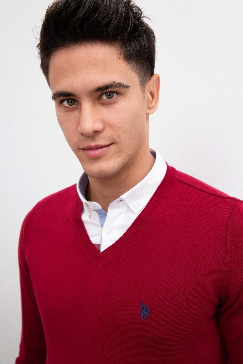 Erkek Bordo V-Yaka Triko Kazak Basic