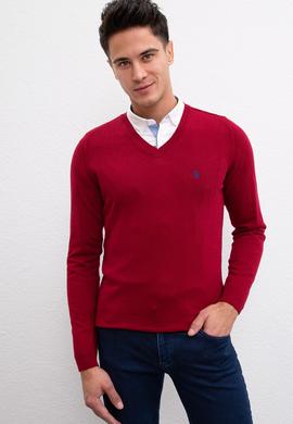 Erkek Bordo V-Yaka Triko Kazak Basic - 50211249072