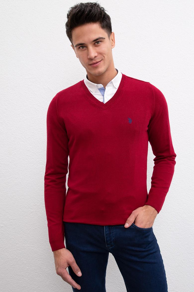 Erkek Bordo V-Yaka Triko Kazak Basic - 50211249072