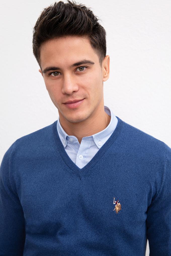 Erkek İndigo Triko Kazak Basic