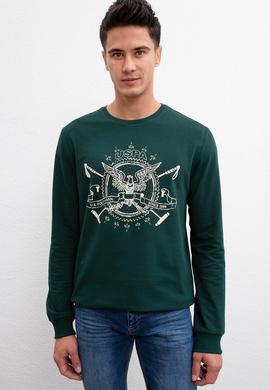 Erkek Koyu Yeşil Bisiklet Yaka Sweatshirt - 50208646018