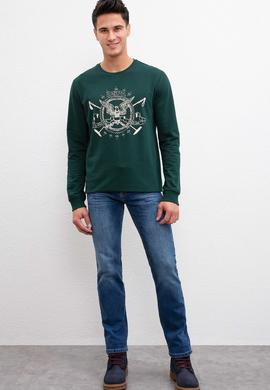 Erkek Koyu Yeşil Bisiklet Yaka Sweatshirt - 50208646018