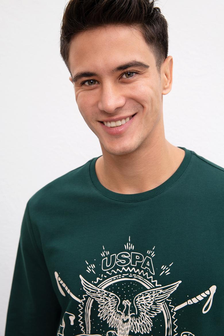 Erkek Koyu Yeşil Bisiklet Yaka Sweatshirt