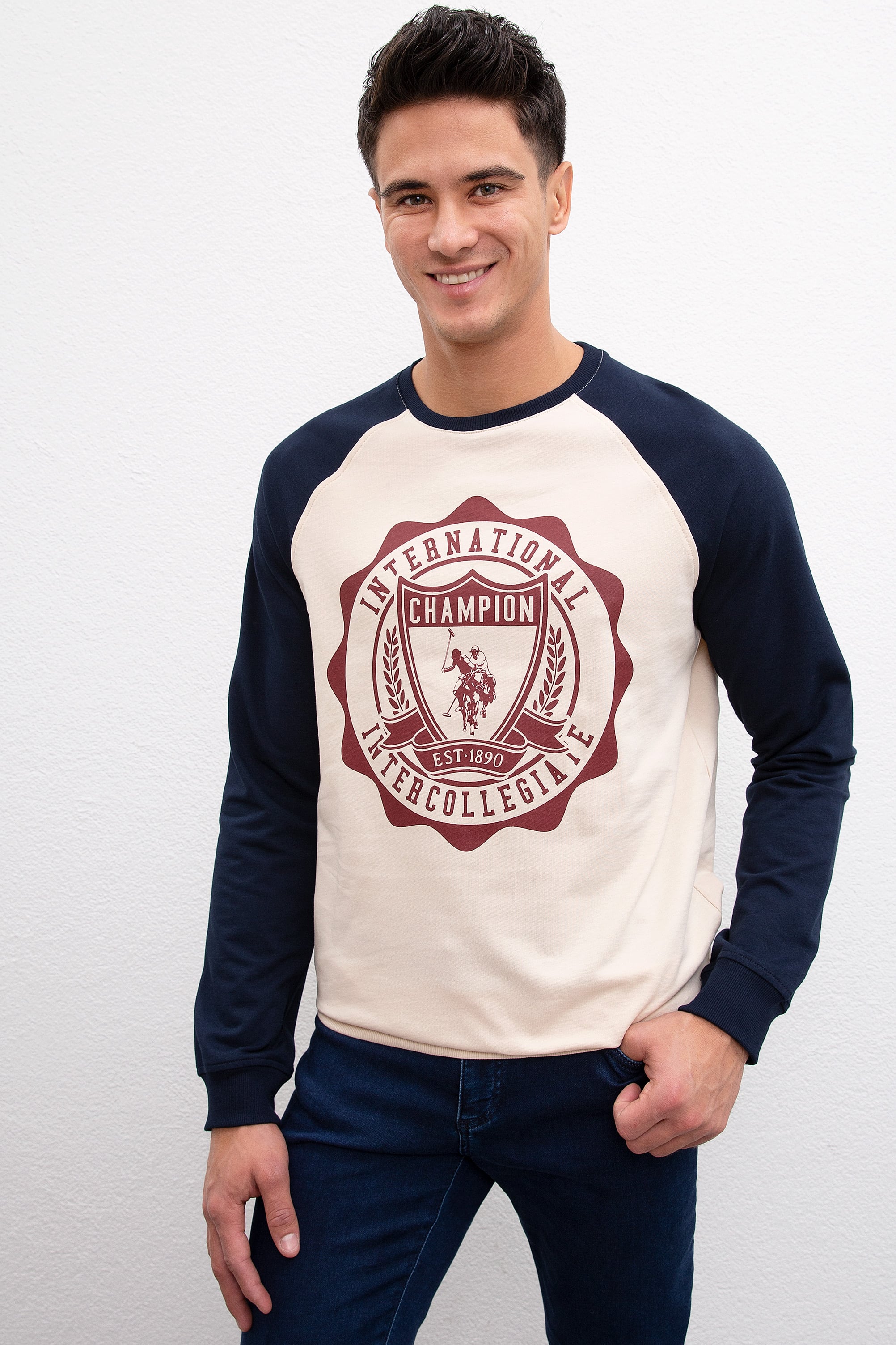 Erkek Ecru Bisiklet Yaka Sweatshirt