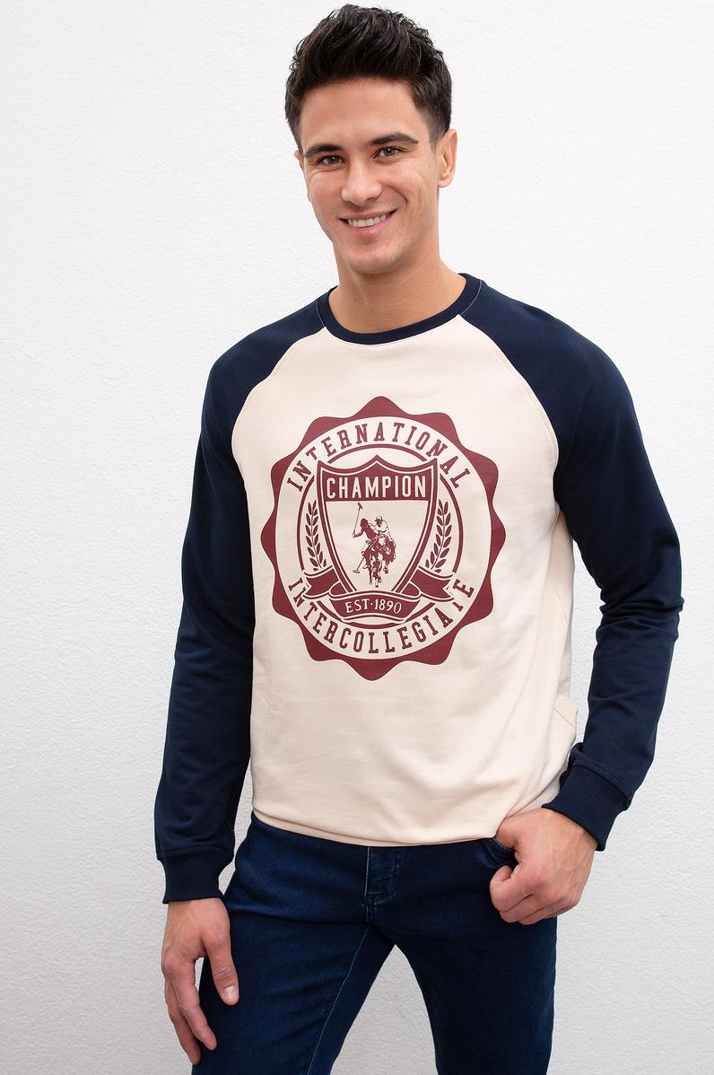 Erkek Ecru Bisiklet Yaka Sweatshirt