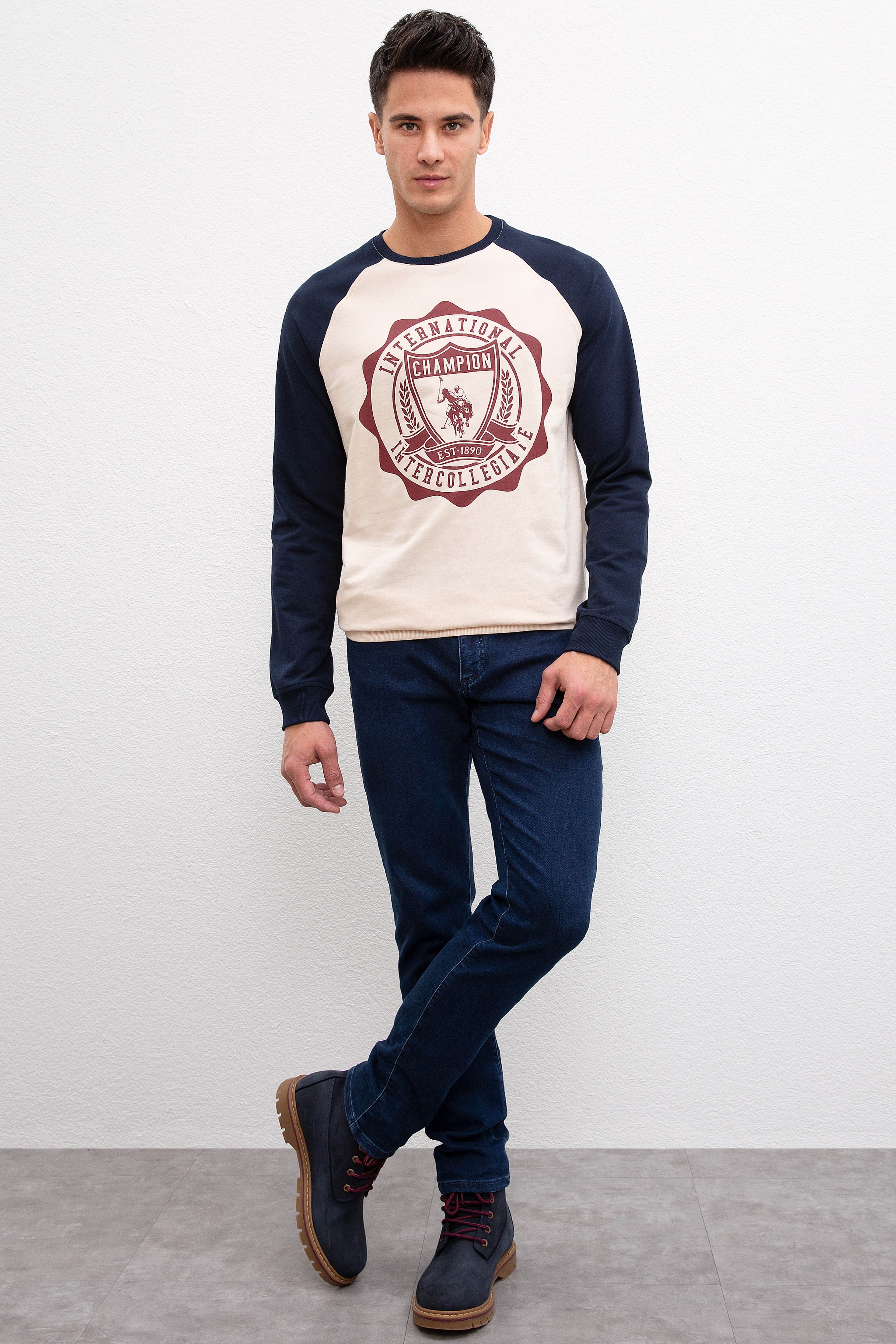 Erkek Ecru Bisiklet Yaka Sweatshirt - Image 5