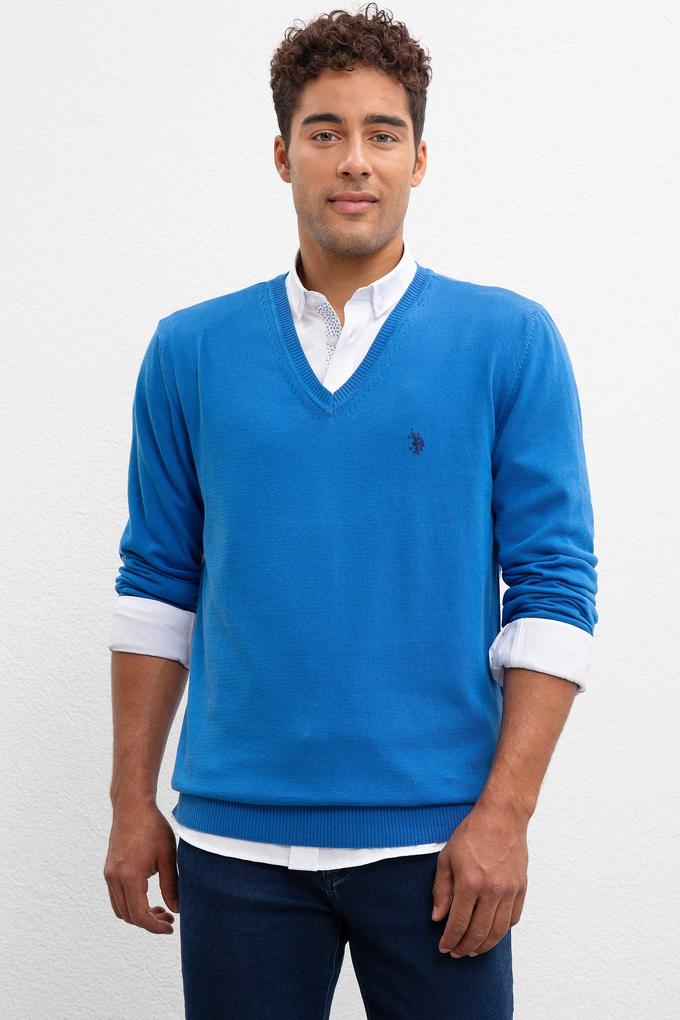 Erkek Kobalt V-Yaka Triko Kazak Basic