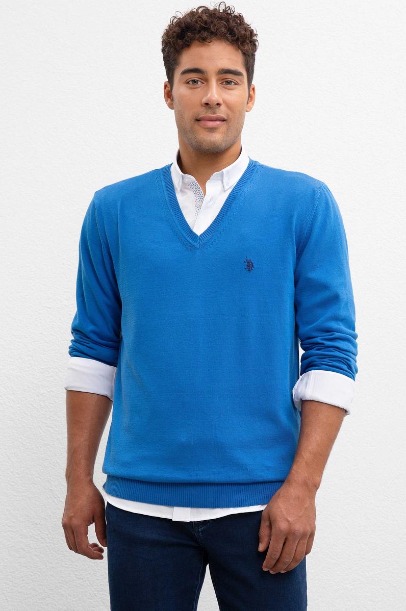 Erkek Kobalt V-Yaka Triko Kazak Basic
