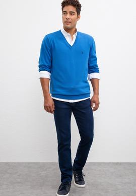 Erkek Kobalt V-Yaka Triko Kazak Basic - 50211249080
