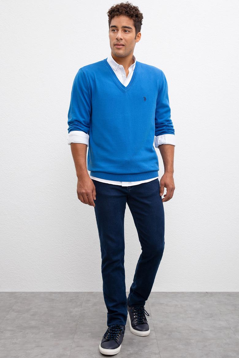 Erkek Kobalt V-Yaka Triko Kazak Basic - 50211249080