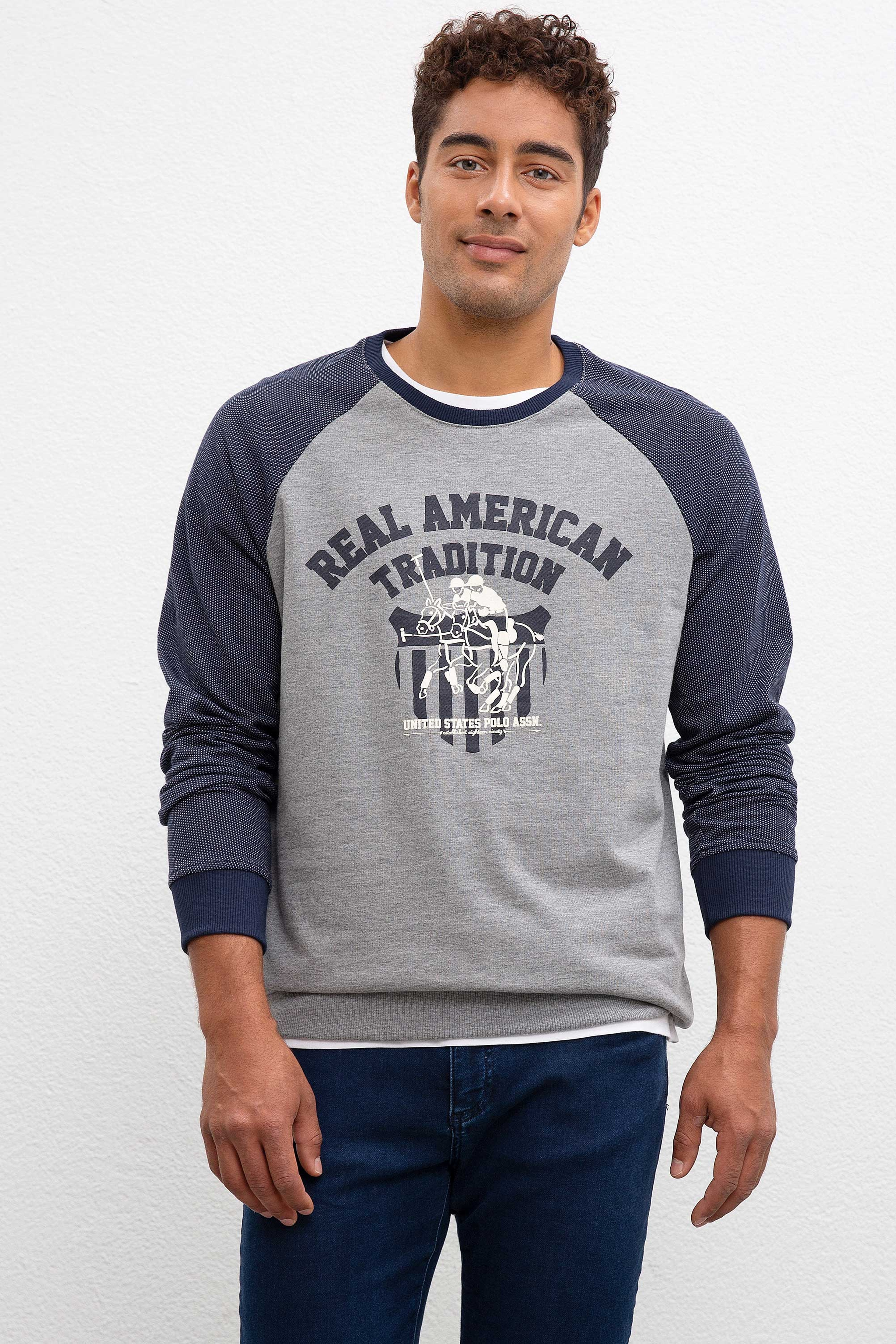 Erkek Gri Melanj Bisiklet Yaka Sweatshirt - Image 1