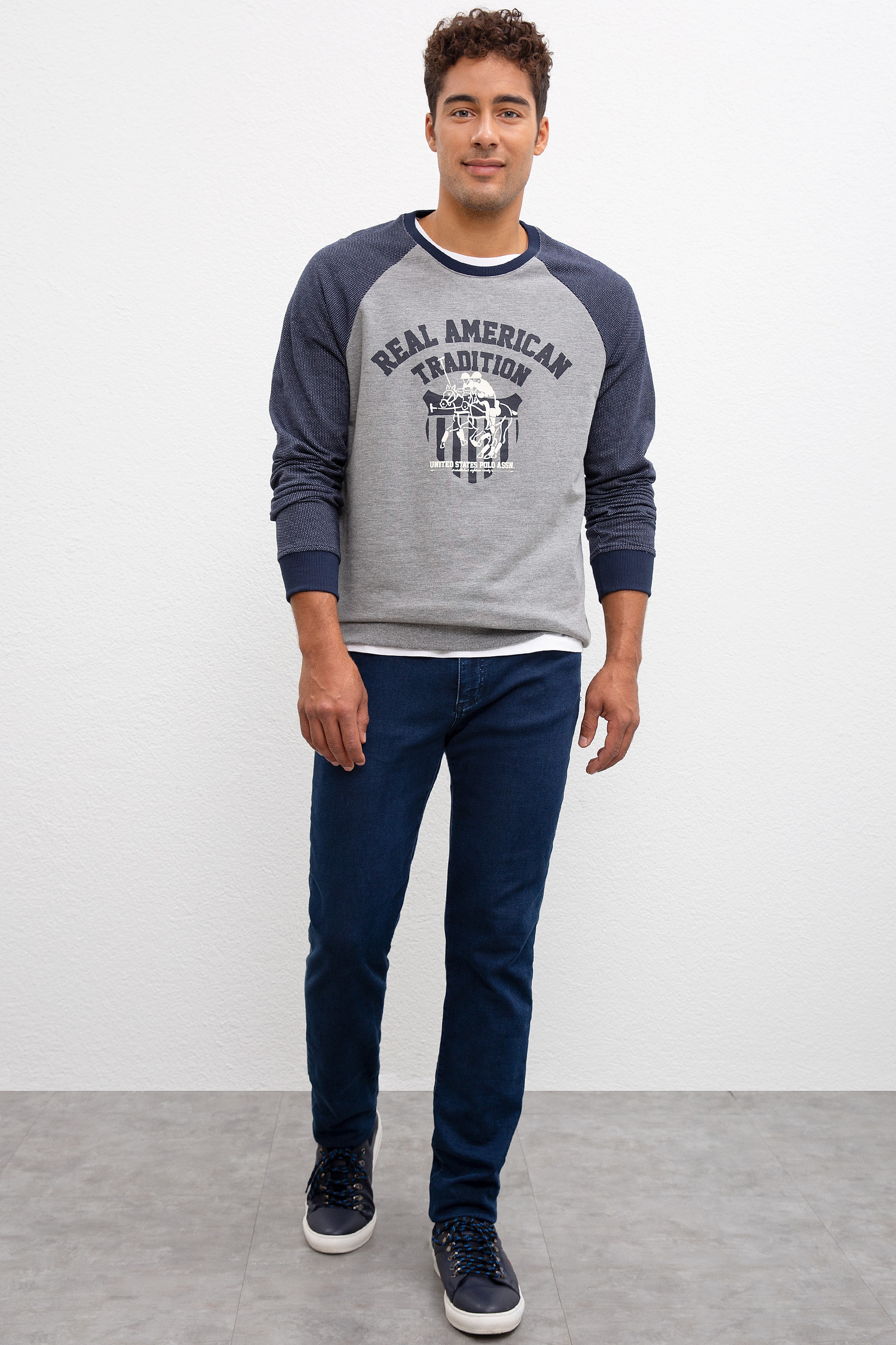 Erkek Gri Melanj Bisiklet Yaka Sweatshirt - Image 4