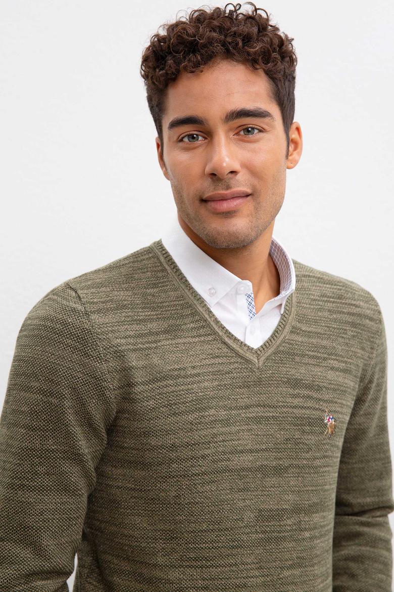 Erkek Haki V-Yaka Triko Kazak - 50207652049