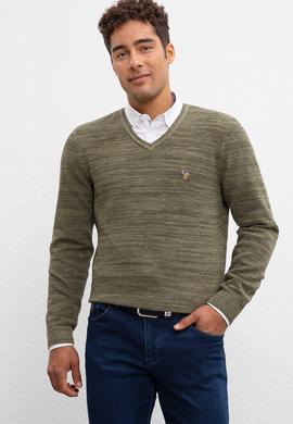 Erkek Haki V-Yaka Triko Kazak - 50207652049