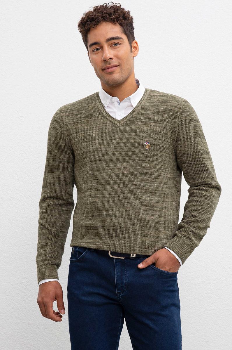 Erkek Haki V-Yaka Triko Kazak