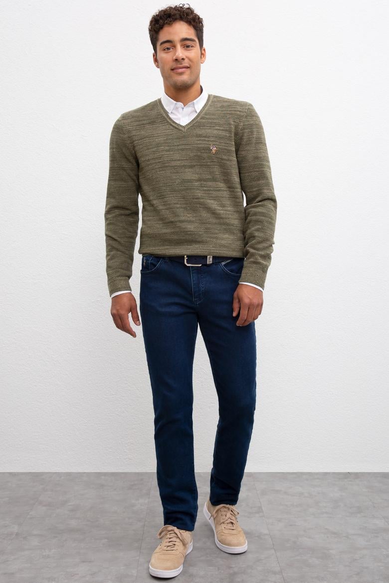 Erkek Haki V-Yaka Triko Kazak - 50207652049