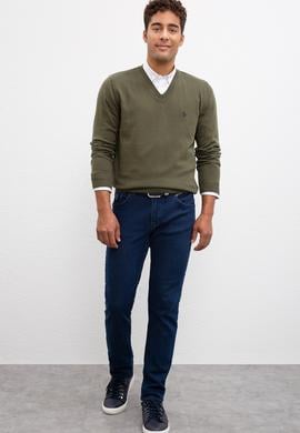 Erkek Haki V-Yaka Triko Kazak Basic - 50211249070