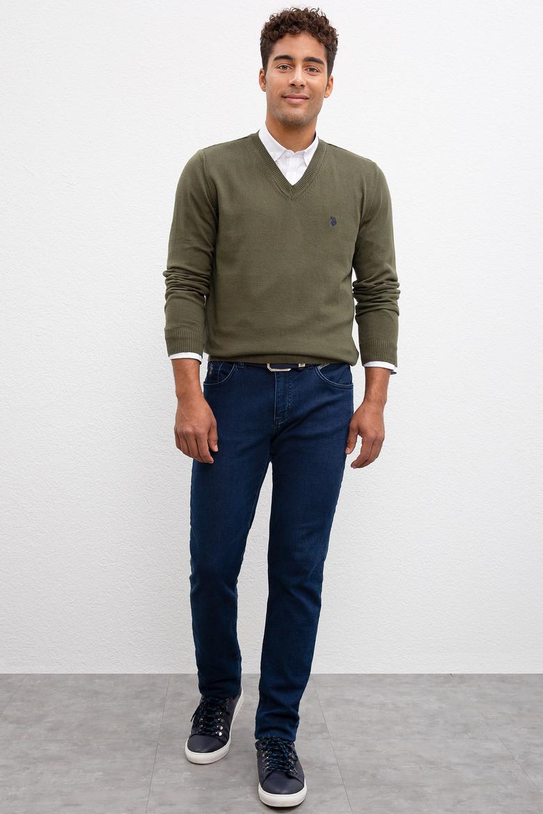 Erkek Haki V-Yaka Triko Kazak Basic - 50211249070