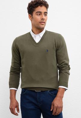 Erkek Haki V-Yaka Triko Kazak Basic - 50211249070