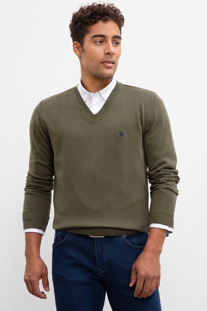 Erkek Haki V-Yaka Triko Kazak Basic