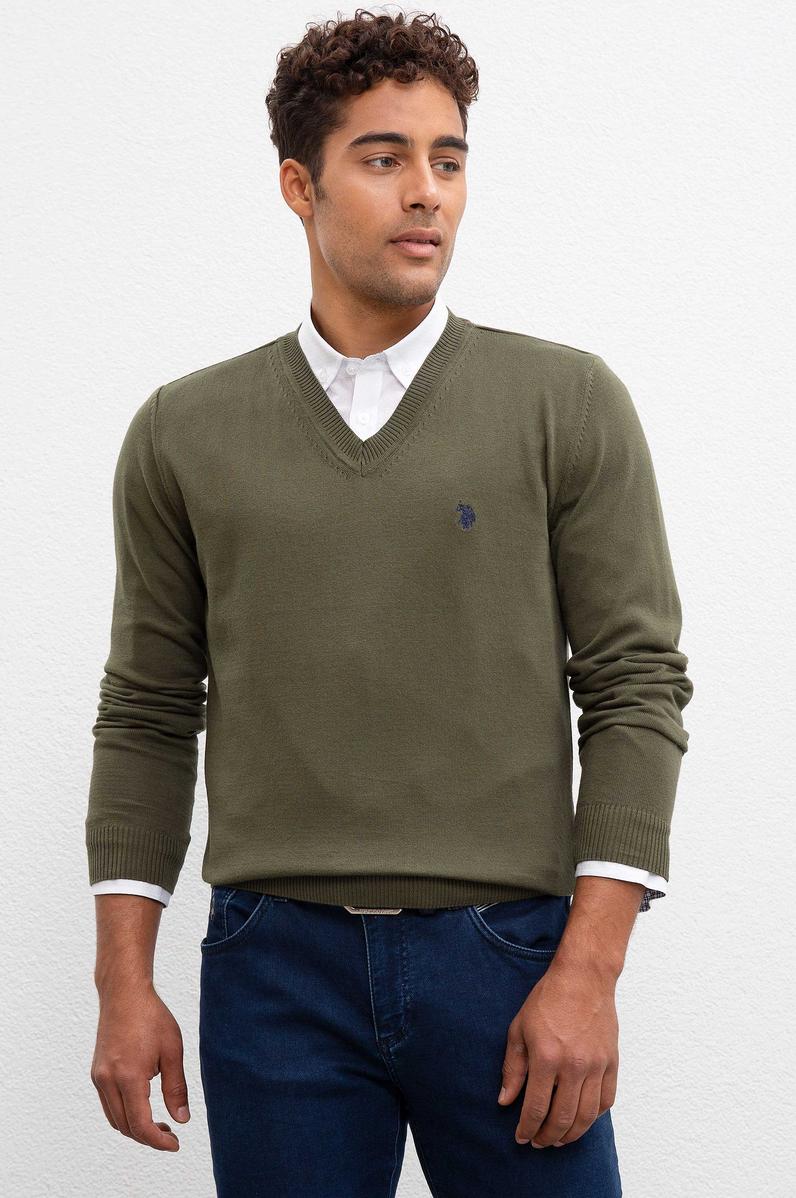 Erkek Haki V-Yaka Triko Kazak Basic