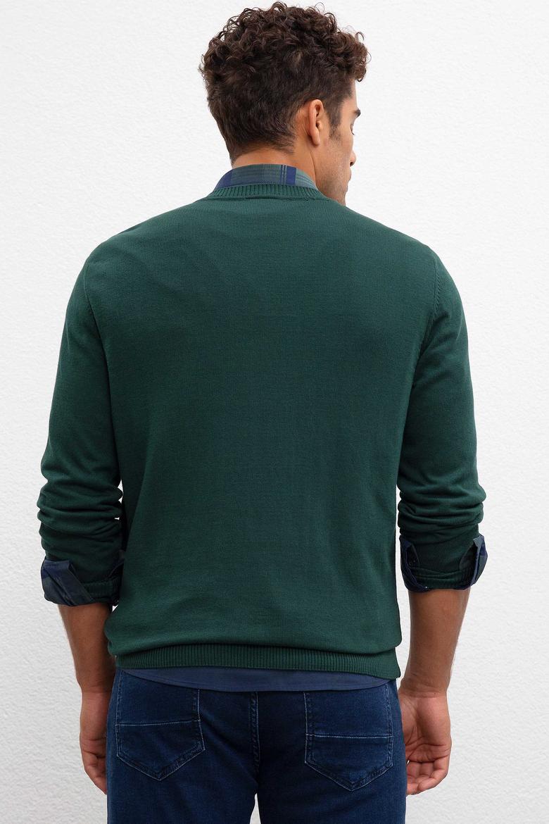 Erkek Koyu Yeşil V-Yaka Triko Kazak Basic - 50211249024