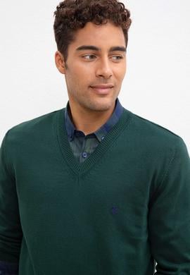 Erkek Koyu Yeşil V-Yaka Triko Kazak Basic - 50211249024
