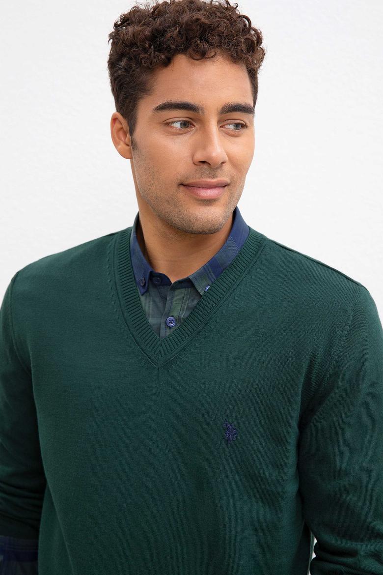 Erkek Koyu Yeşil V-Yaka Triko Kazak Basic - 50211249024