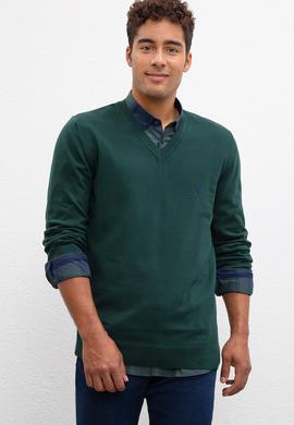 Erkek Koyu Yeşil V-Yaka Triko Kazak Basic - 50211249024