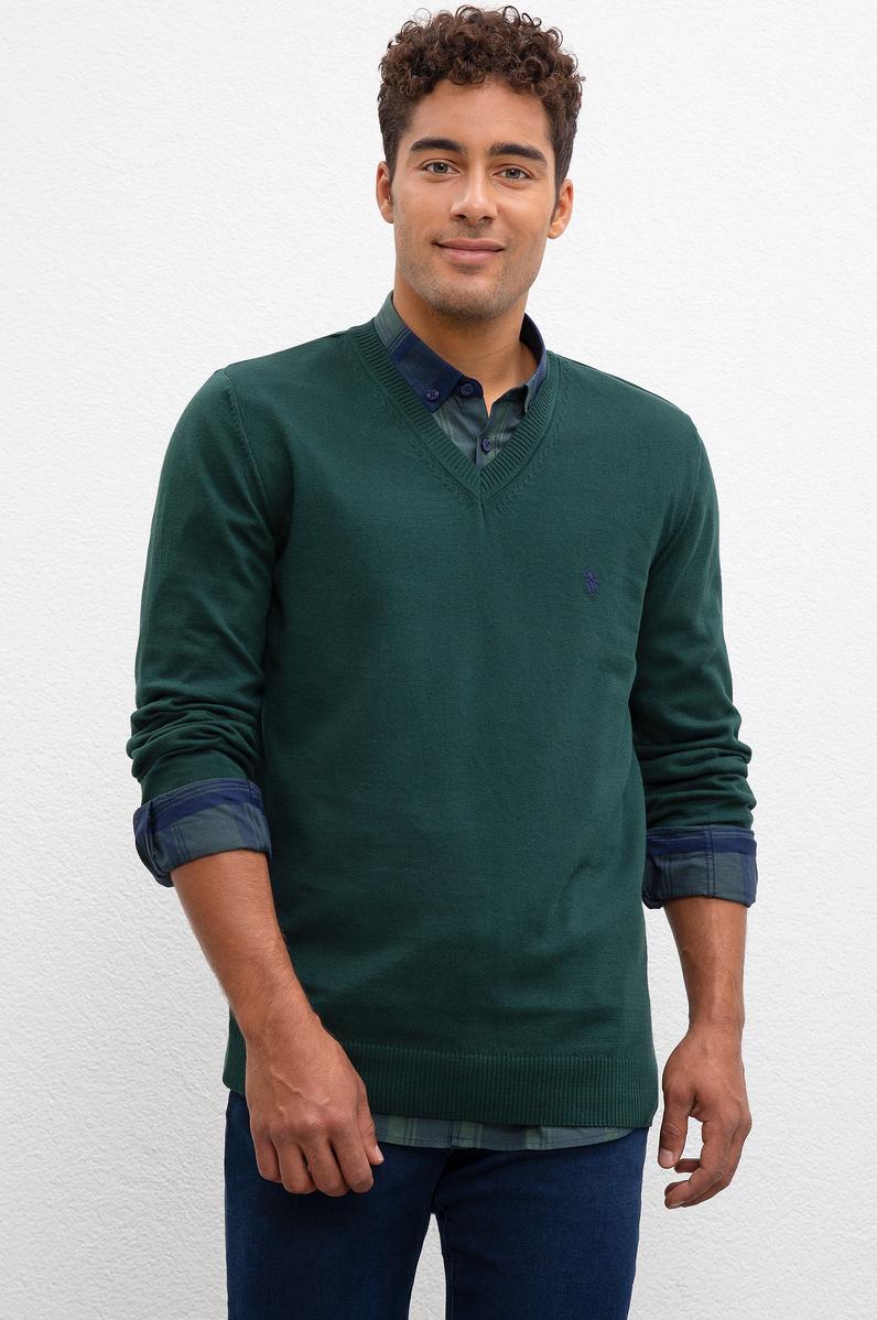 Erkek Koyu Yeşil V-Yaka Triko Kazak Basic