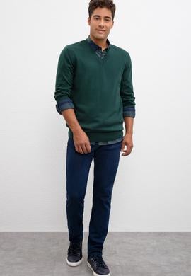 Erkek Koyu Yeşil V-Yaka Triko Kazak Basic - 50211249024
