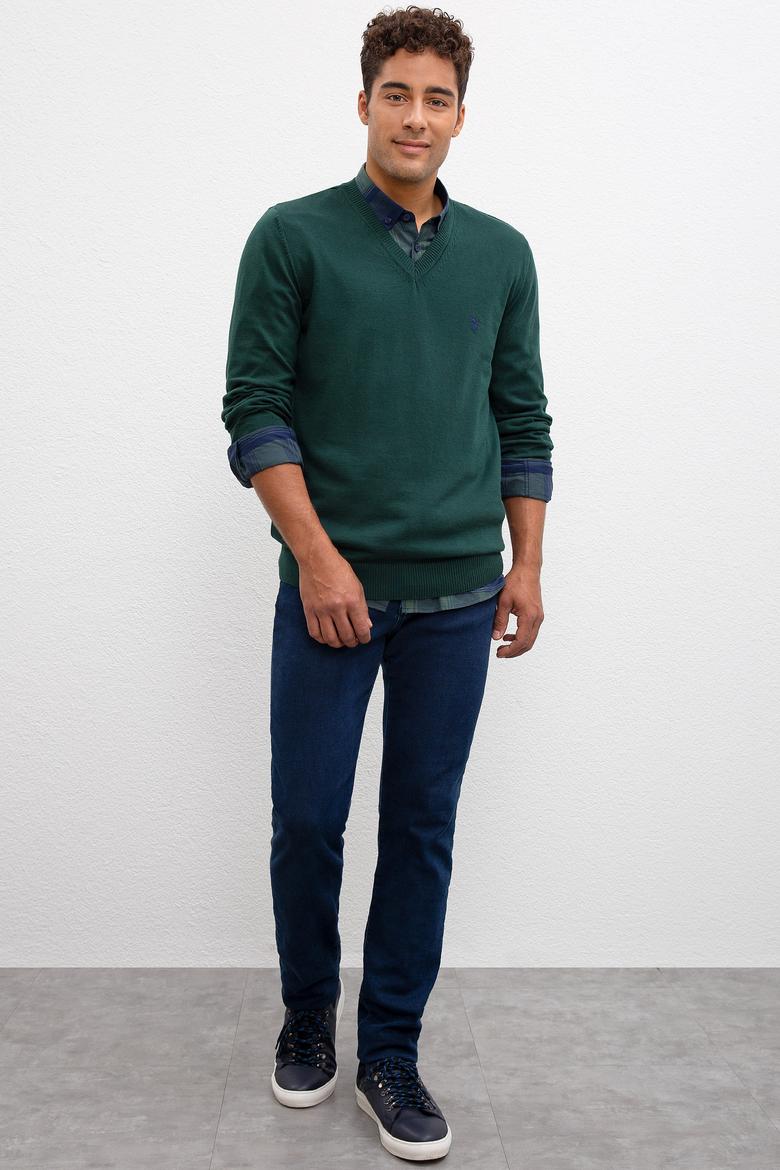 Erkek Koyu Yeşil V-Yaka Triko Kazak Basic - 50211249024