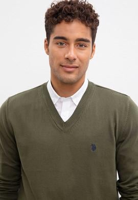 Erkek Haki V-Yaka Triko Kazak Basic - 50211249070