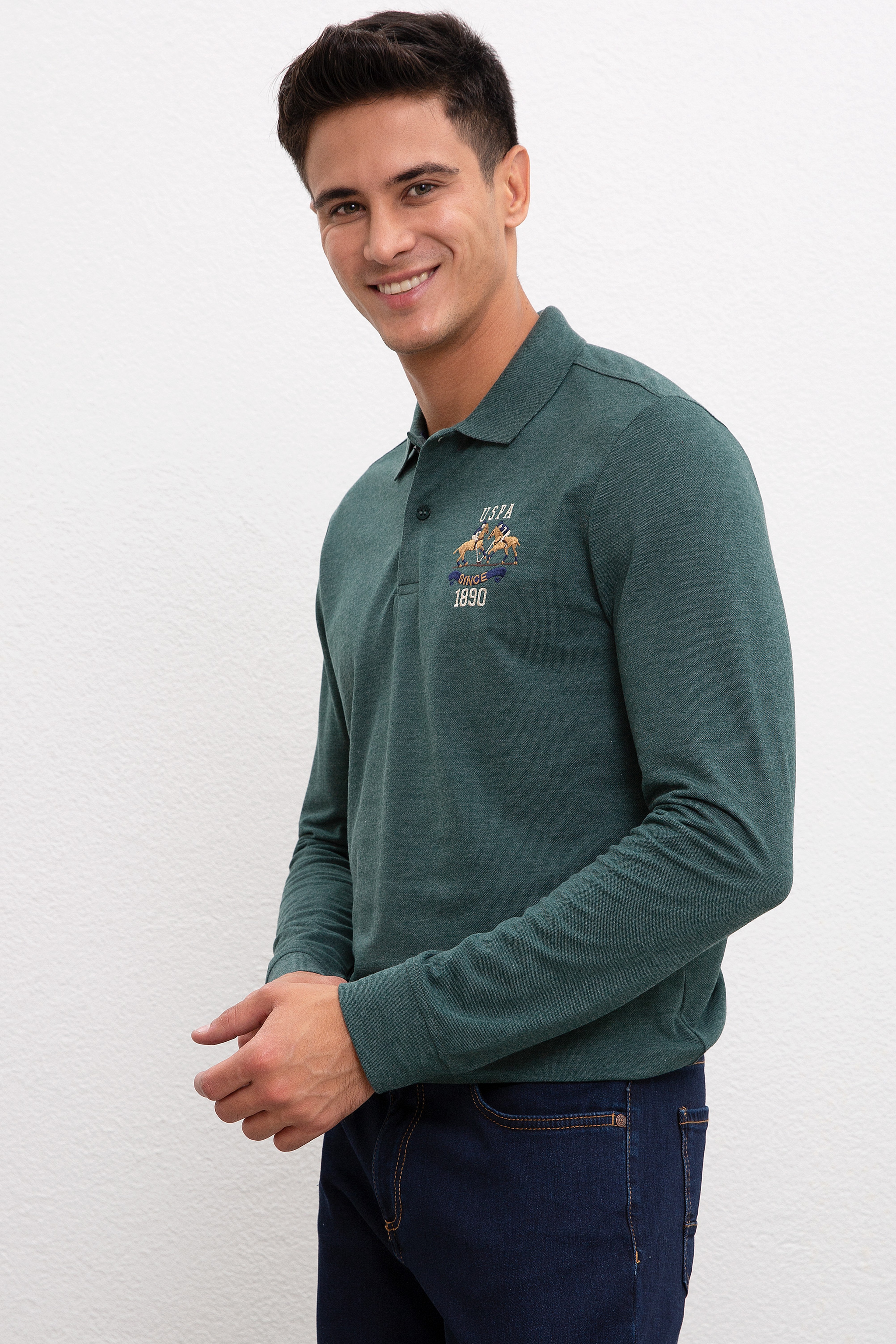 Erkek Koyu Yeşil Polo Yaka Sweatshirt - Image 3
