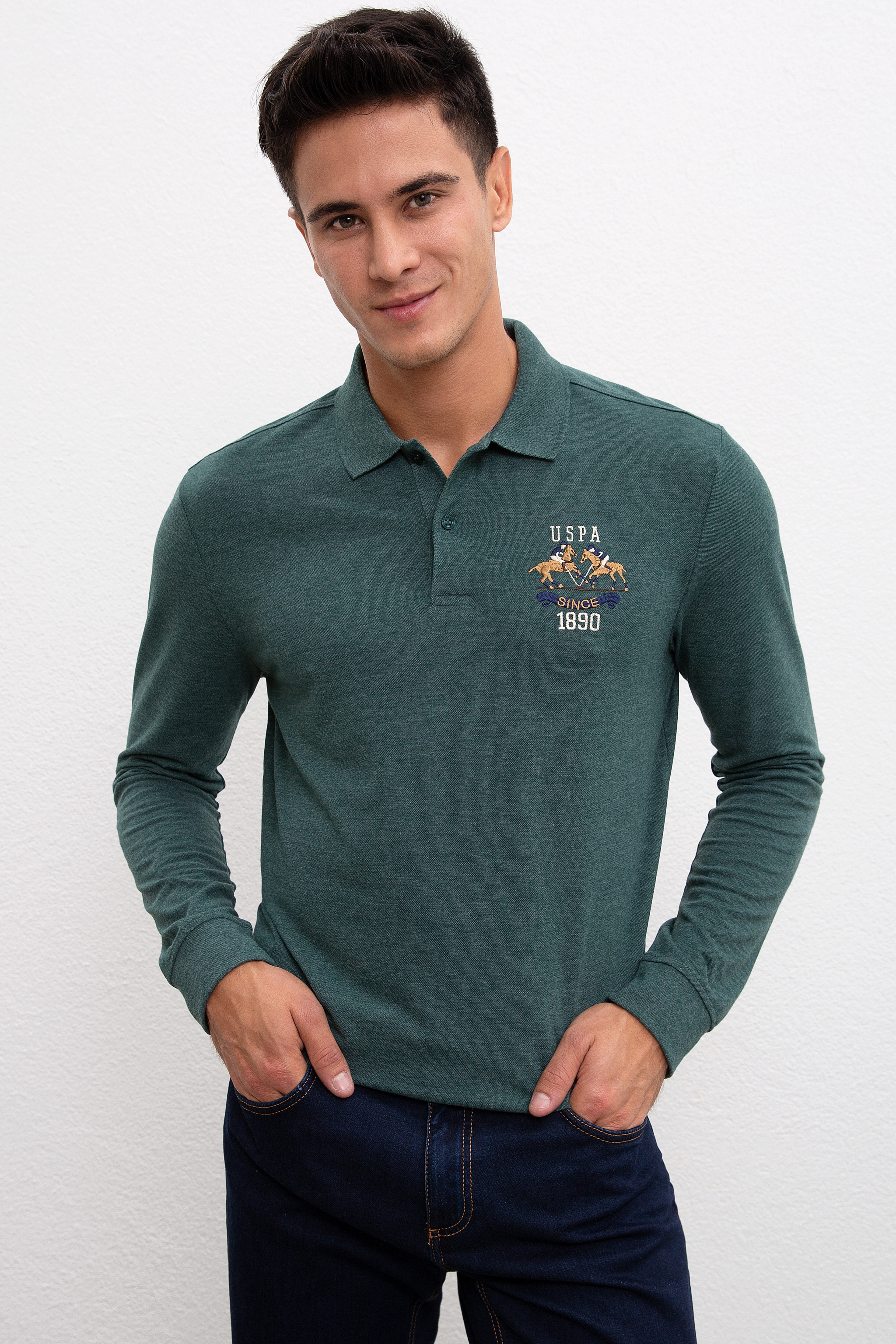Erkek Koyu Yeşil Polo Yaka Sweatshirt - Image 1