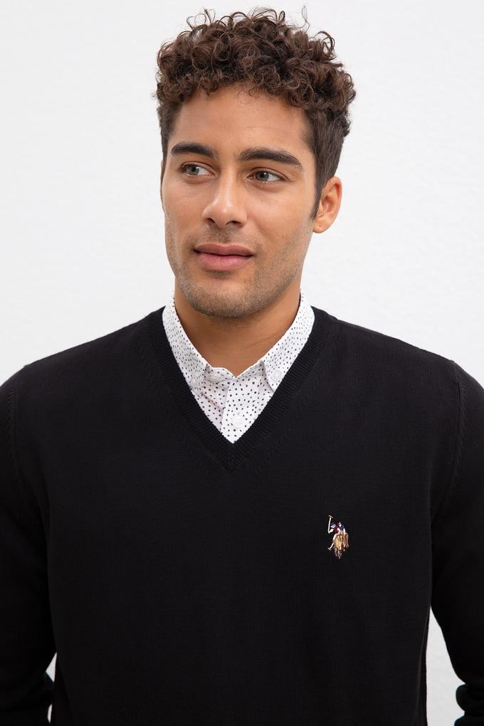 Erkek Siyah V-Yaka Triko Kazak Basic