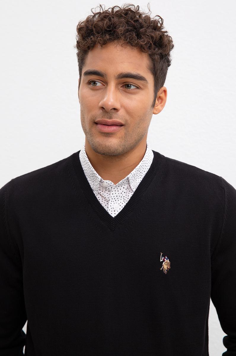 Erkek Siyah V-Yaka Triko Kazak Basic