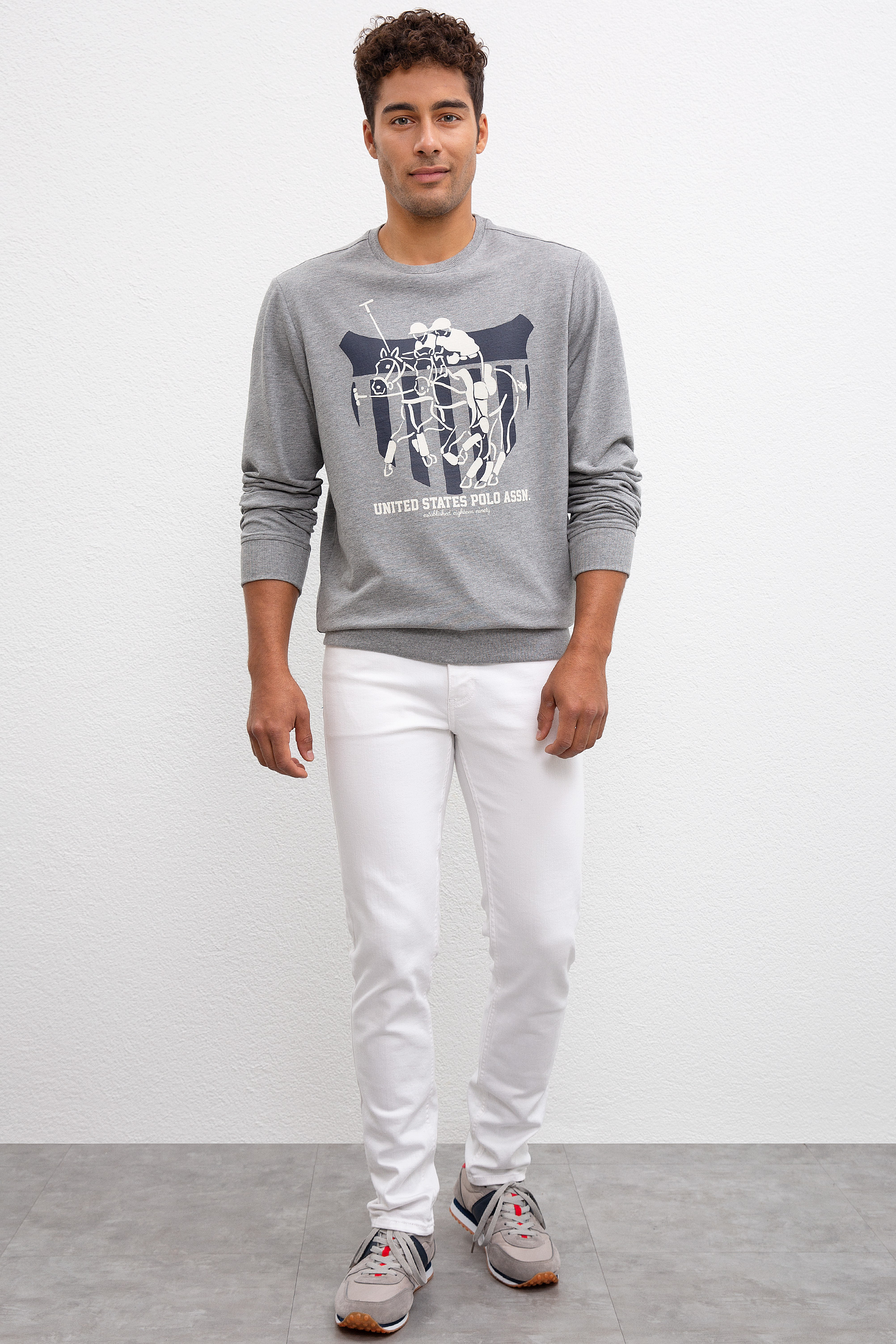 Erkek Gri Melanj Bisiklet Yaka Sweatshirt - Image 5