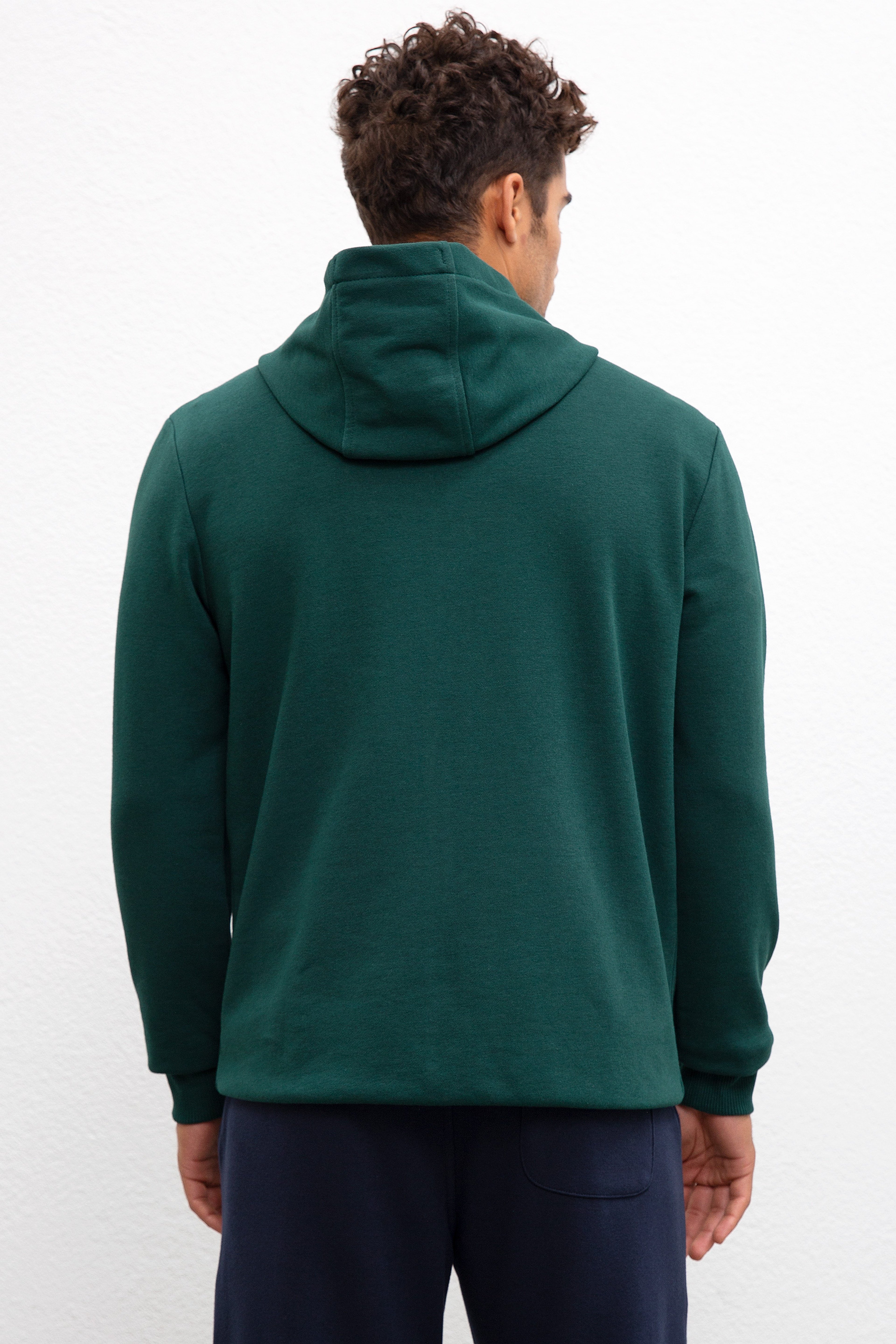 Erkek Koyu Yeşil Kapüşonlu Fermuarlı Sweatshirt - Image 3