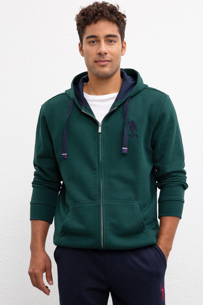 Erkek Koyu Yeşil Kapüşonlu Fermuarlı Sweatshirt