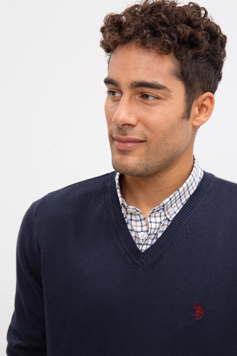 Erkek Lacivert V-Yaka Triko Kazak Basic - 50211249062