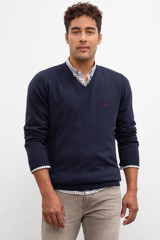 Erkek Lacivert V-Yaka Triko Kazak Basic