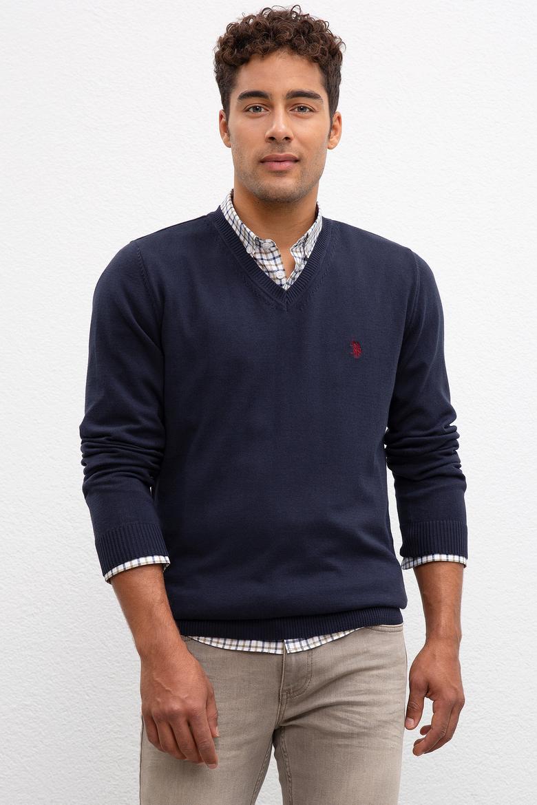 Erkek Lacivert V-Yaka Triko Kazak Basic