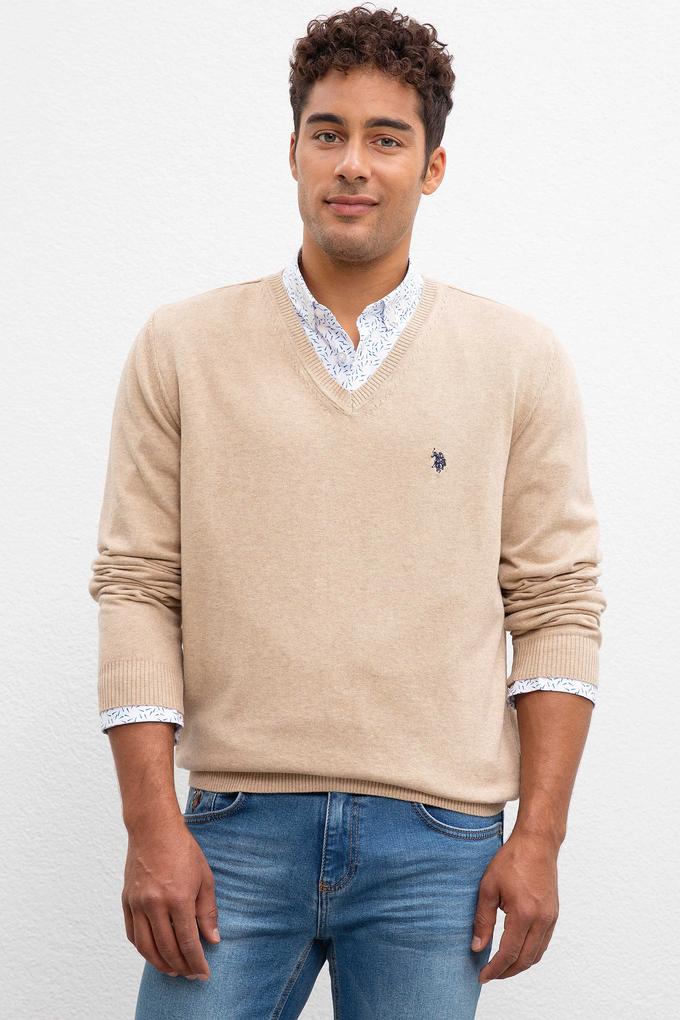 Erkek Kum Melanj V-Yaka Triko Kazak Basic