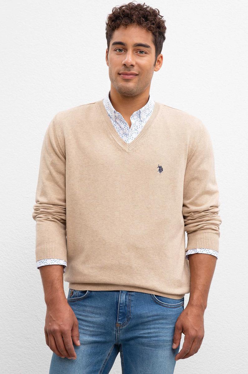 Erkek Kum Melanj V-Yaka Triko Kazak Basic