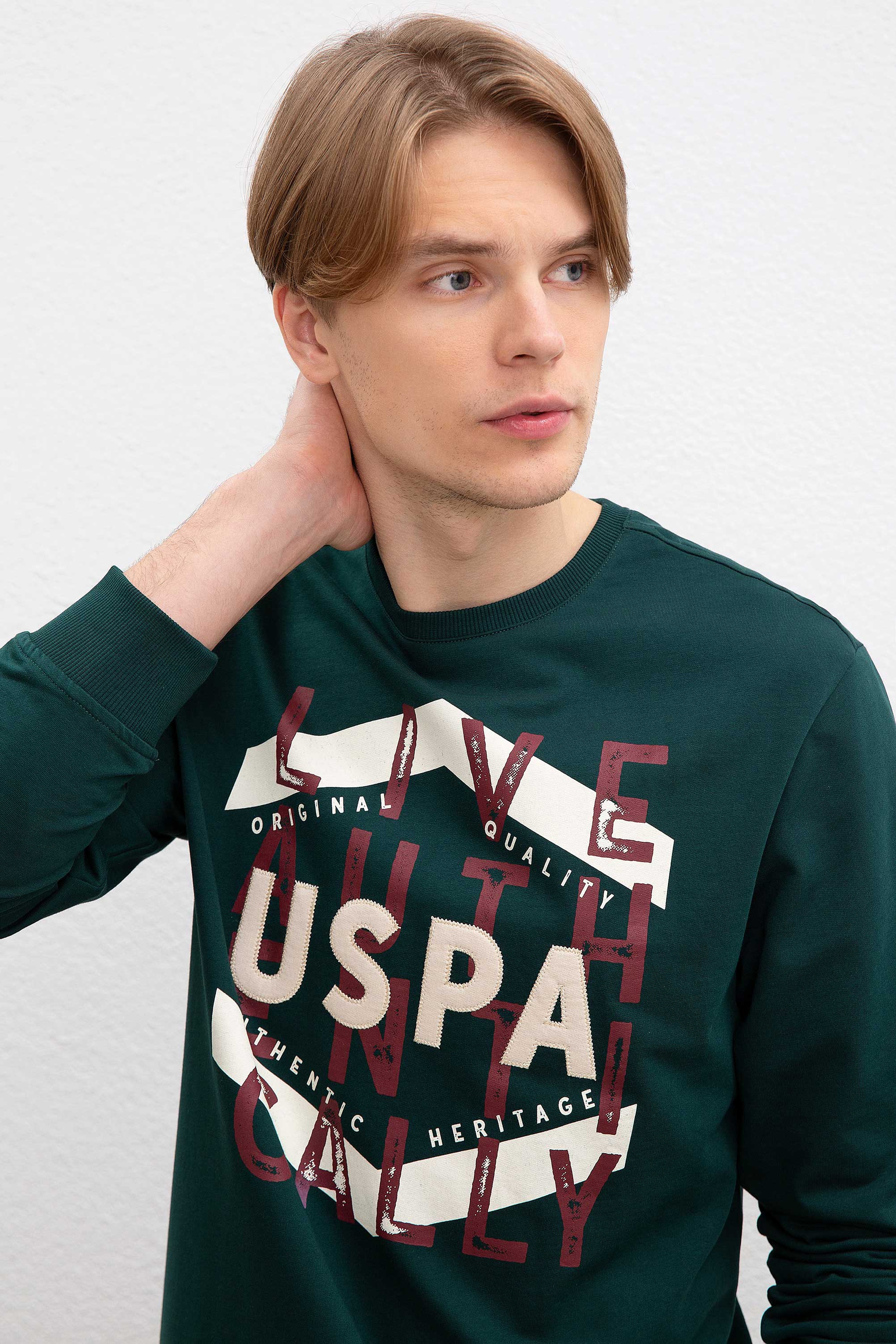 Erkek Koyu Yeşil Bisiklet Yaka Sweatshirt - Image 2