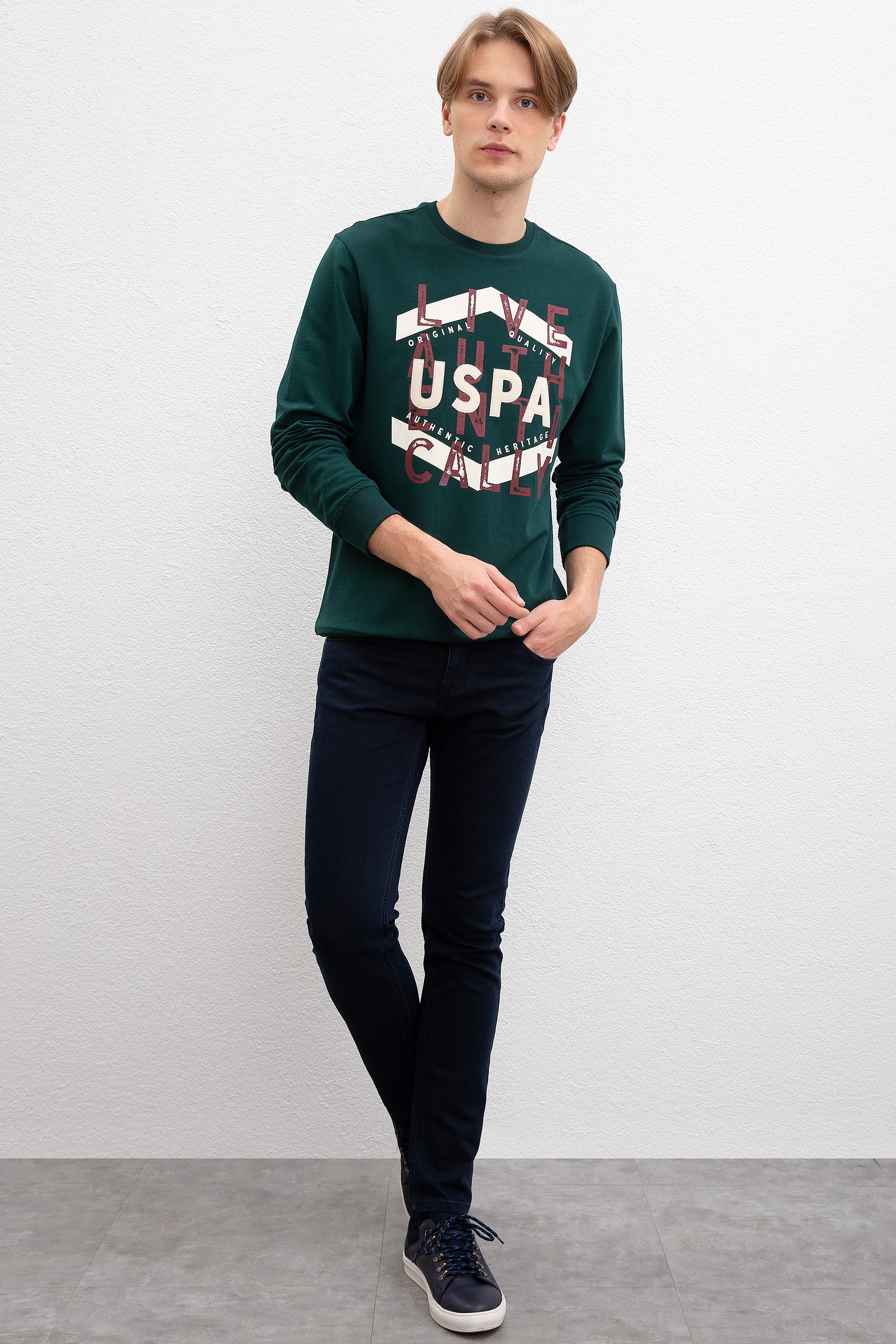 Erkek Koyu Yeşil Bisiklet Yaka Sweatshirt