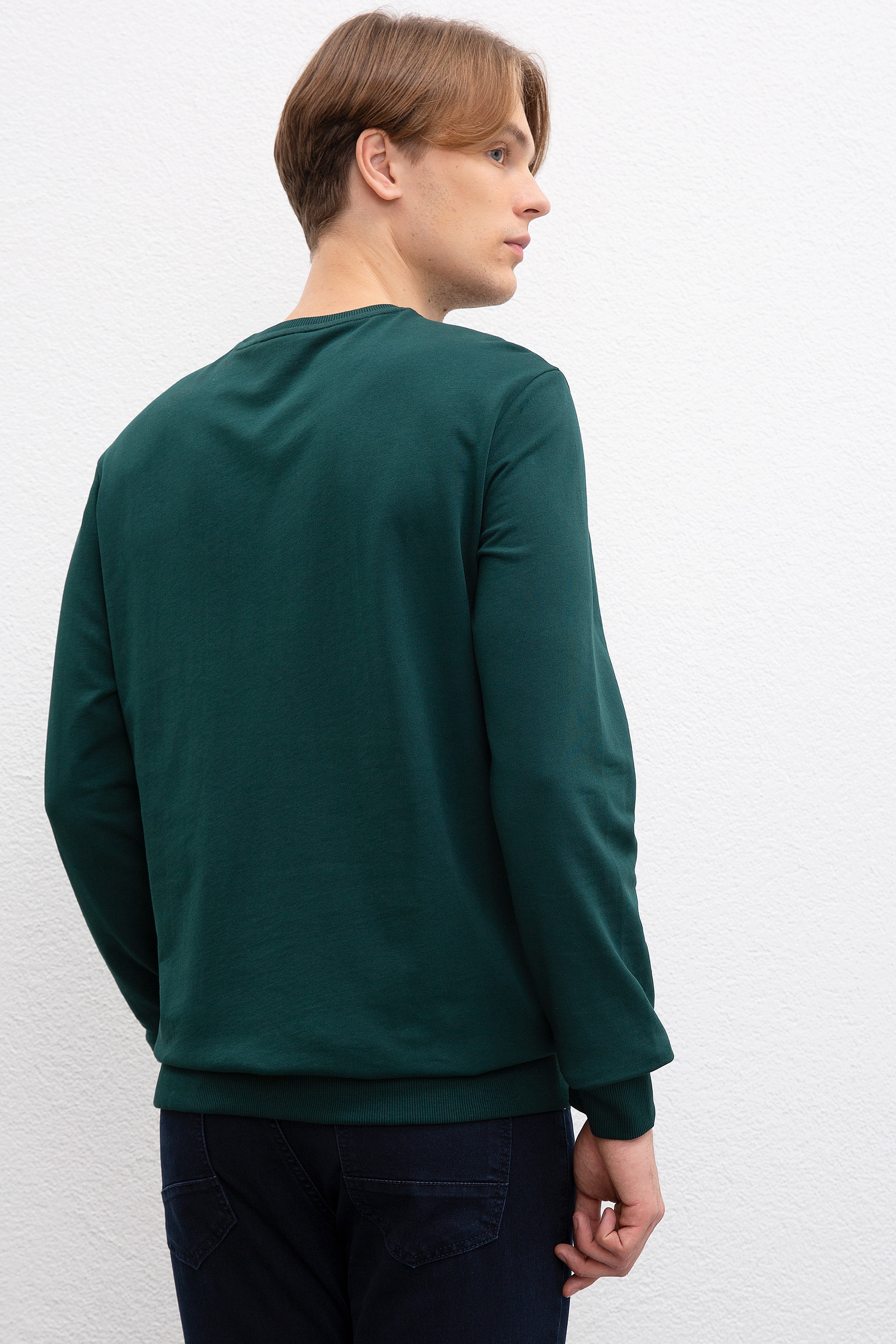 Erkek Koyu Yeşil Bisiklet Yaka Sweatshirt - Image 3