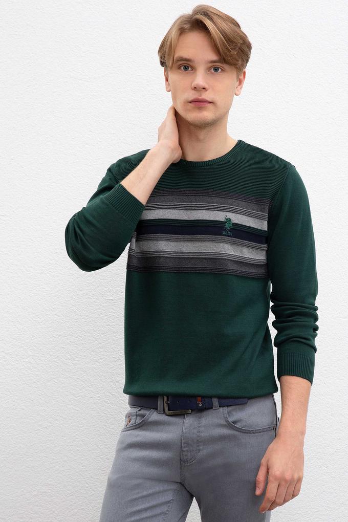 Erkek Koyu Yeşil Bisiklet Yaka Triko Kazak