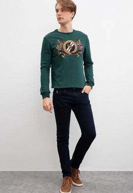 Erkek Koyu Yeşil Bisiklet Yaka Sweatshirt - 50207609013